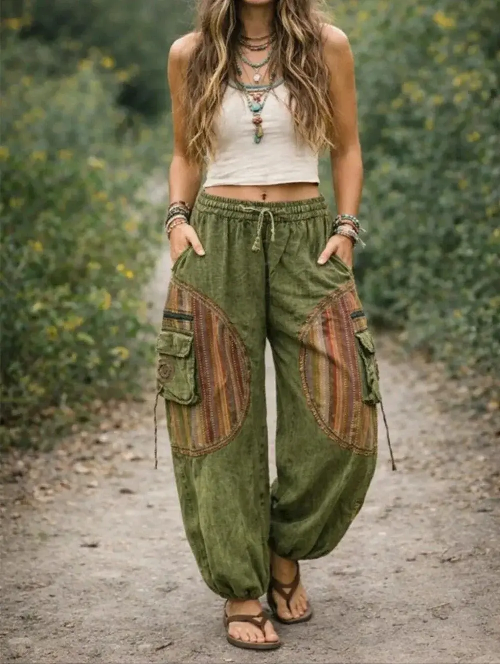 Green Boho Harem Pants, Panel Patchwork Hippie Pants, Cotton Baggy Pants, Wide Leg Festival Trousers, Gypsy Bohemian Clothing for Women_05
