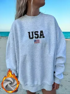Unisex solid color, Womenswear, Graphic, casual retro "USA" lettering and American flag pattern printed long-sleeved fitted pullover, round neck casual sports sweatshirt, autumn and winter plus velvet, suitable for outdoor and daily wear
