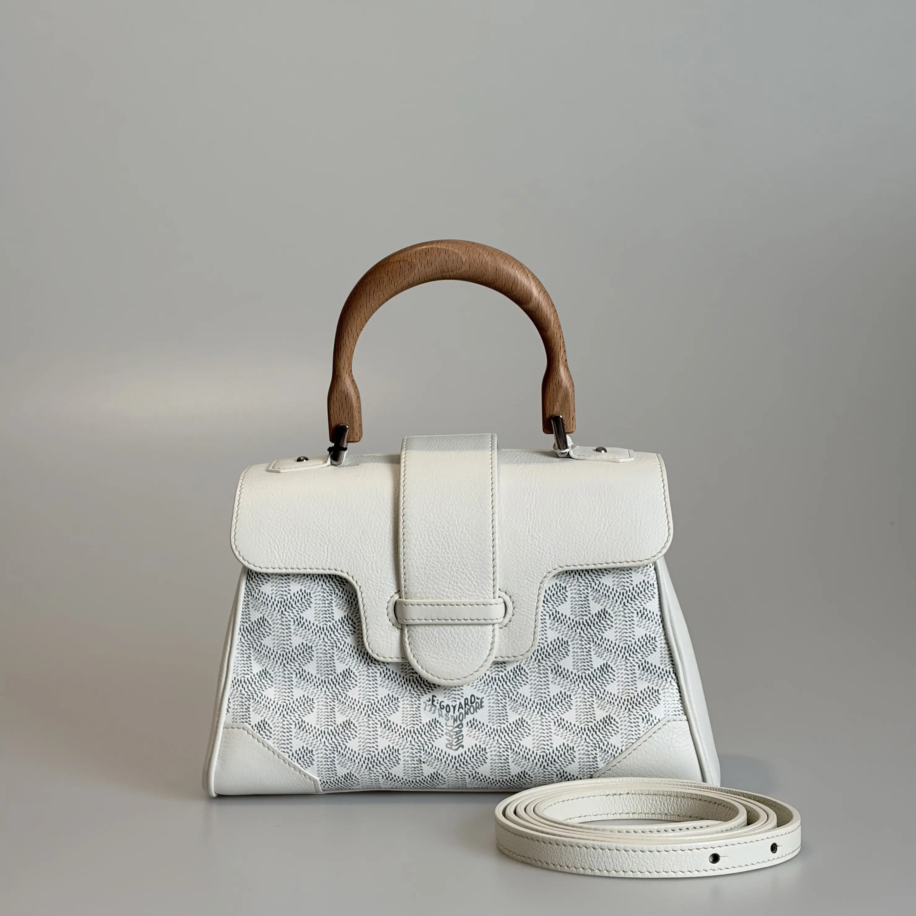 Pre-owned Goyard Goyardine Coated Canvas & Calfskin Crossbody Bag Saigon Mini White Wood Handle 76058957 Sold As Is / Final Sale
