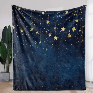 Starry Night Sky Flannel Blanket Cozy Soft Warm with Golden Star Print Patterns Perfect for Sofa Bed Car Office Camping Travel Vintage Style All Season Gift Polyester 100