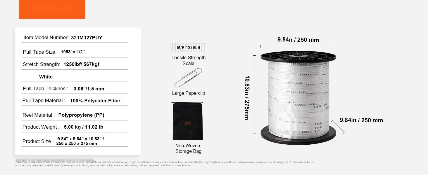 Polyester Pull Tape 1/2 Inch by 1053 Feet Mule Tape Flat Rope, 1250 Lbf Tensile Strength, Printed Webbing Cable Pulling Tape for Packaging, Gardening, Electrical Conduit Installation, Construction, White