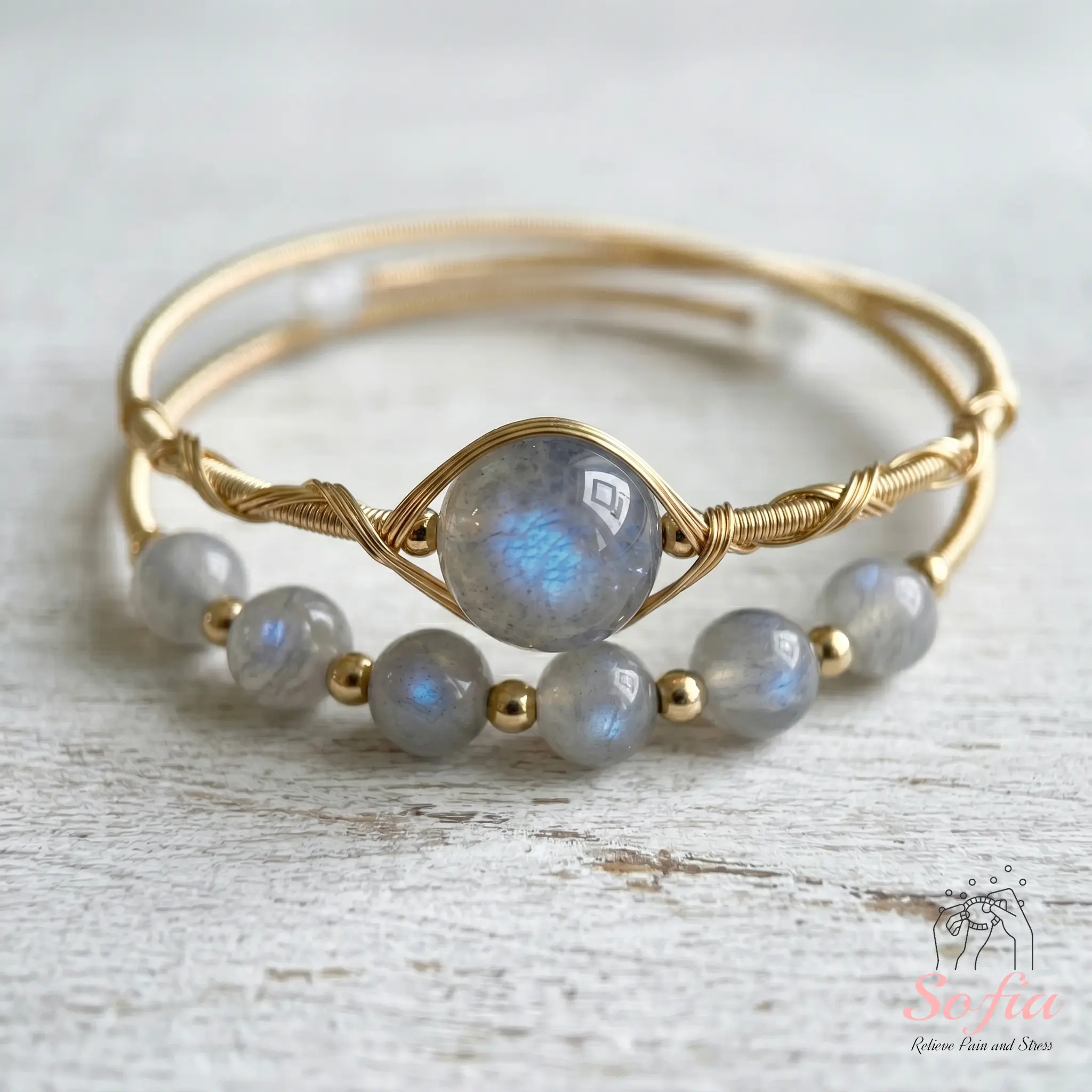 Sofia Natural Moonstone Wire Wrapped Bracelet | 14K Gold Filled Wired Bracelets | Double Layer Boho Style Jewelry, Gifts for her, Mother's Day Gift