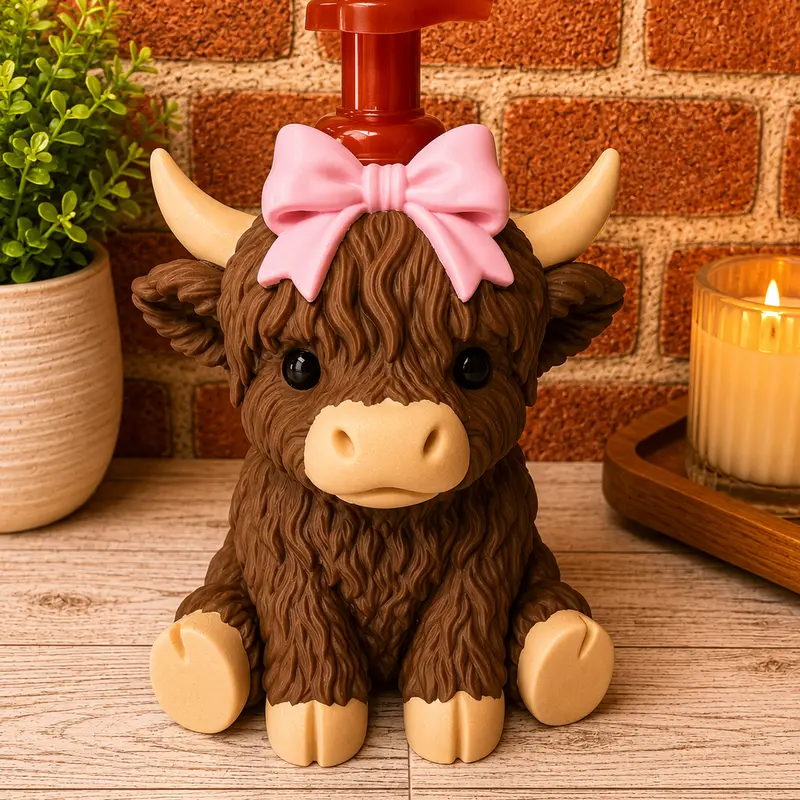 3D Printed Rustic Highland Cow Soap Holder with Bow - Farmhouse Charm Decorative Storage Dish, Countertop Organizer for Bathroom & Kitchen, Ideal Gift for Cow Lovers & Birthdays