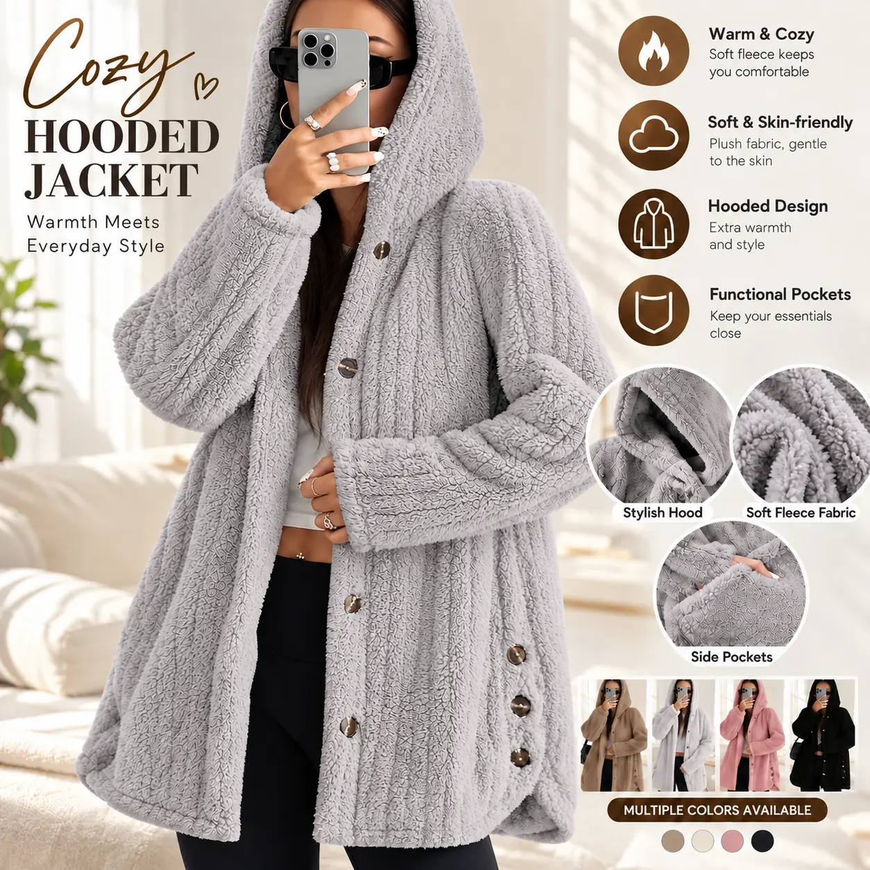 Women’s Autumn/Winter Solid Color Plush Hooded Coat | Soft, Warm, Loose Mid-Length Overcoat | Casual, Versatile Plush Jacket with Large Pockets