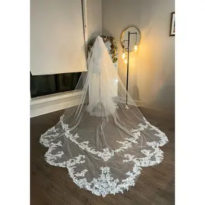 Affordable Scallop Lace Embroidered Cathedral Length Long Wedding Chapel Veil