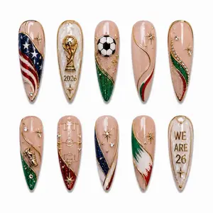 milo.nail&care Handmade 3D Press-On Nails, Gold Trophy Charm, Football Inspired Details, Green Glitter Accent, Reusable Luxury Almond Nails for Championship Season