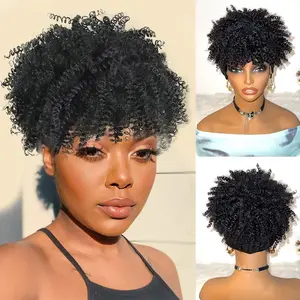 Headband Wig Afro Kinky Headband Wig with Bangs for Women Black Head Wrap 2 in 1 for Women Curly Full Scarf Wigs Synthetic Short Afro Kinky Afro High Puff