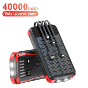 Solar Power Bank 40000mAh Portable Charger with Built-in 4 Cables & USB-C In/Out, PD 20W Fast Charging External Battery Pack with Dual Flashlights, Ideal for Camping & Travel