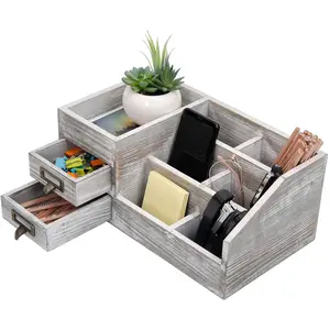 Distressed Rustic Wooden Office Desktop Organizer  Shelf Tabletop  Organizer Storage with Multiple Compartments 2 Tier Drawers,  storage Display Box for Desk, Vanity (gray)