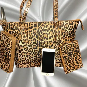 Wide-Band Tote Bag with Matching Wallet and Crossbody Strap in Beige Leather Leopard Printed Design.