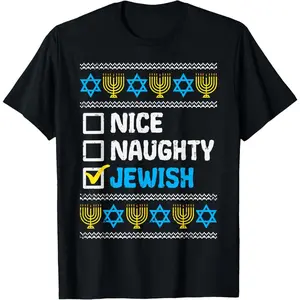 100% Cotton Nice Naughty Jewish Ugly Hanukkah Sweater Chanukah Jew Gift Short Sleeve T-Shirt