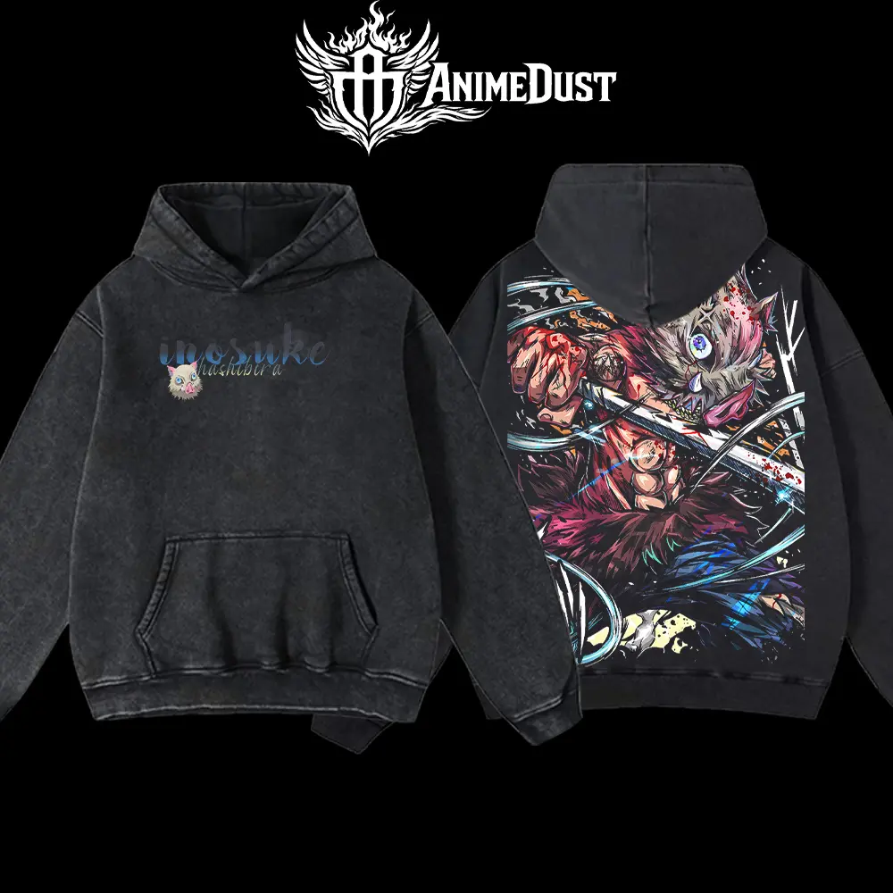 Men's Inosuke Hashibira Premium Washed Spandex-Fabric Seamless T-Shirt - Demon Slayer Anime Graphic Tee, Japanese Manga Streetwear Oversized 1-Piece Sweatshirt, Vintage Acid Wash Top, Sweatshirts, Tops, Style, Classic, Menswear