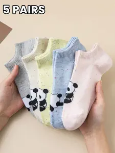 5 Pairs Panda Ankle Socks, Womenswear, Soft Cute Japanese Style, Breathable Fabric, Colorful Threads + Panda Jacquard, Ideal for Students, Daily Wear
