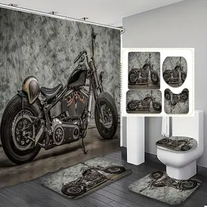 Motorcycle Pattern Bathroom Accessories, 4 Counts/set Including 1 Shower Curtain, 1 Toilet U-shape Mat, 1 Rectangular Mat, 1 Toilet Lid Cover, Bathroom Decor Supplies