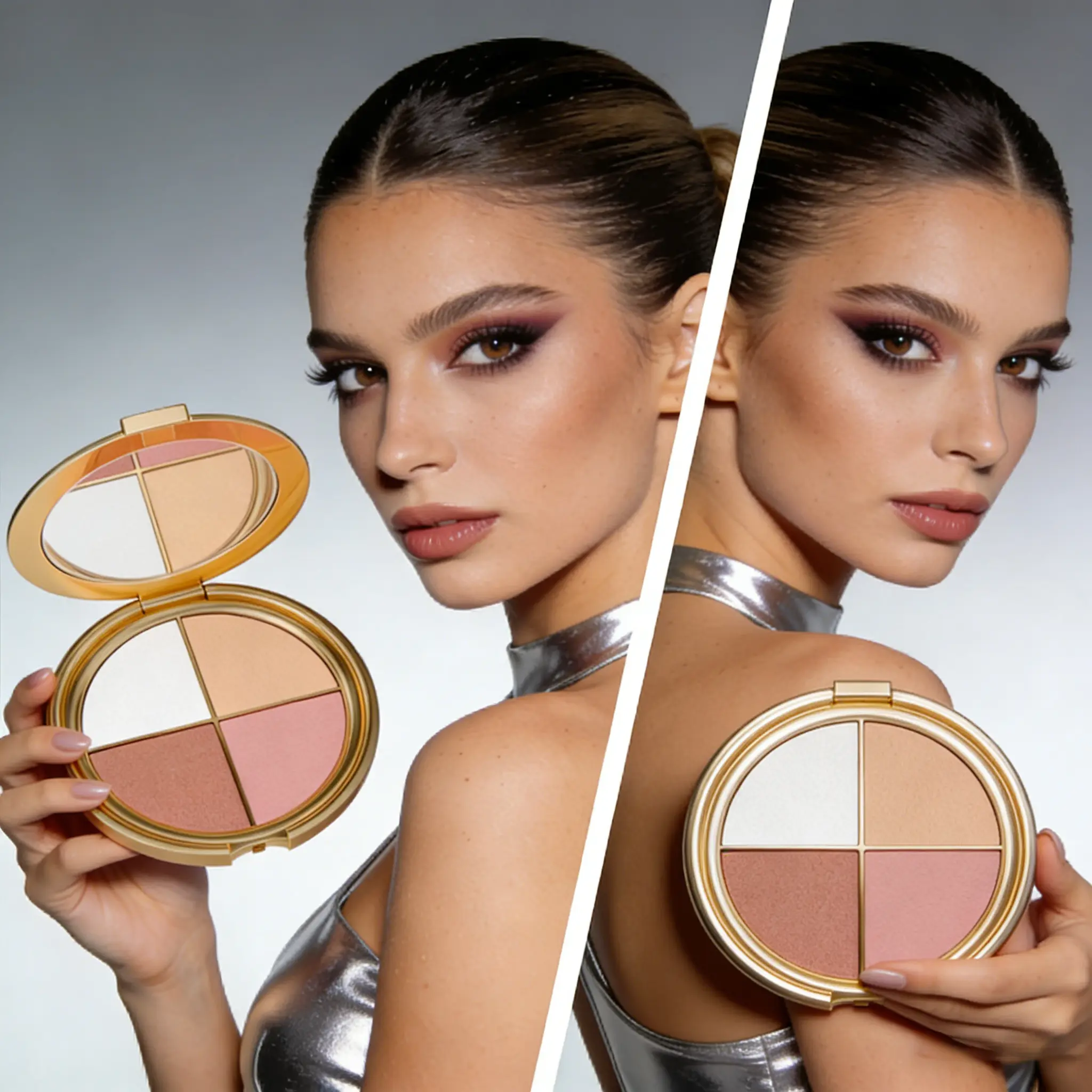Women's 4-in-1 Radiant Glow Eyeshadow & Cheek Palette - 1pc Facial Beauty Products Kit with Smooth Eyeshadow, Blush, Contour, Highlighter, Long-Lasting Silky Flawless Lid Color, Brightening Blendable Formula for All Skin Tones, Cosmetic Brush