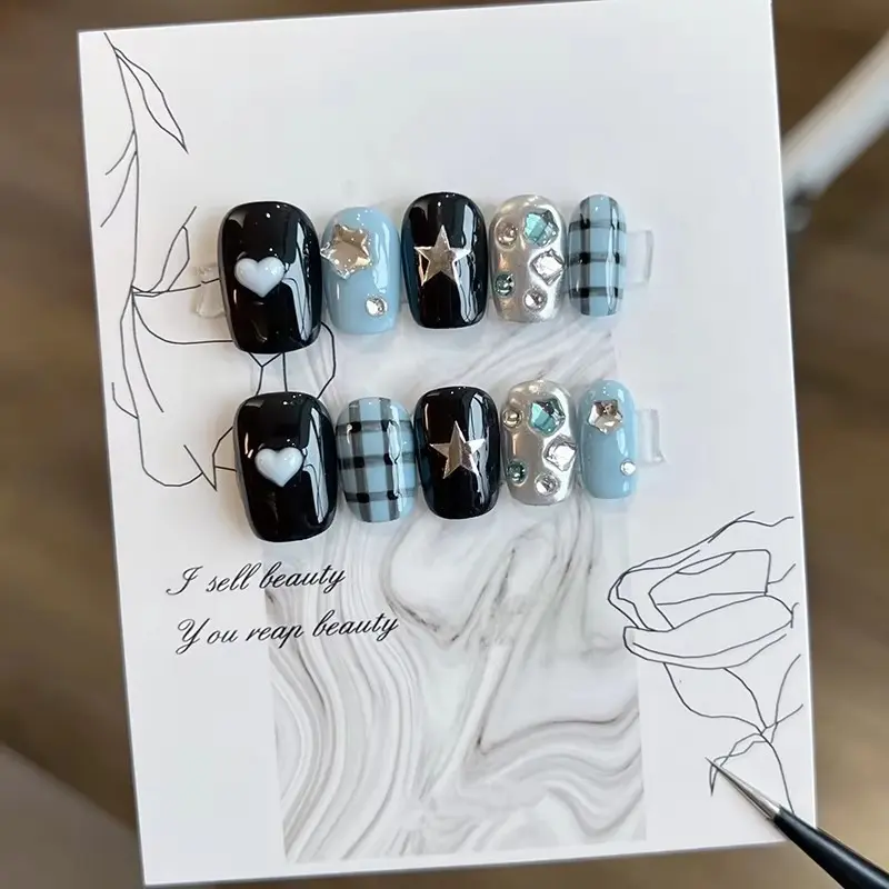 10pcs high-end Sweet girl blue checkered handmade glossy false nails, Square Nails, Decorative Nails, Short nail decoration patches for girls to show their elegance Square Fake Nails Press On Nails