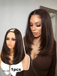 Women Yaki Straight Layered Bob U Part Wig, V Part Highlight Glueless Clip-In Half Wigs, Heat Resistant Synthetic Hair (14 Inch), Synthetic Machine Wigs