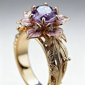 An elegant 18k gold-plated ring with a geometric floral design and purple Zirconia stones, a fashionable jewelry accessory and a perfect gift for women.