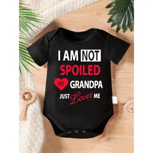 Cute Baby Bodysuit With I Am Not Spoiled My Grandpa Just Loves Me Print Soft Versatile Round Neck Button Detail Regular Fit All Seasons Knitted Fabric Onesie