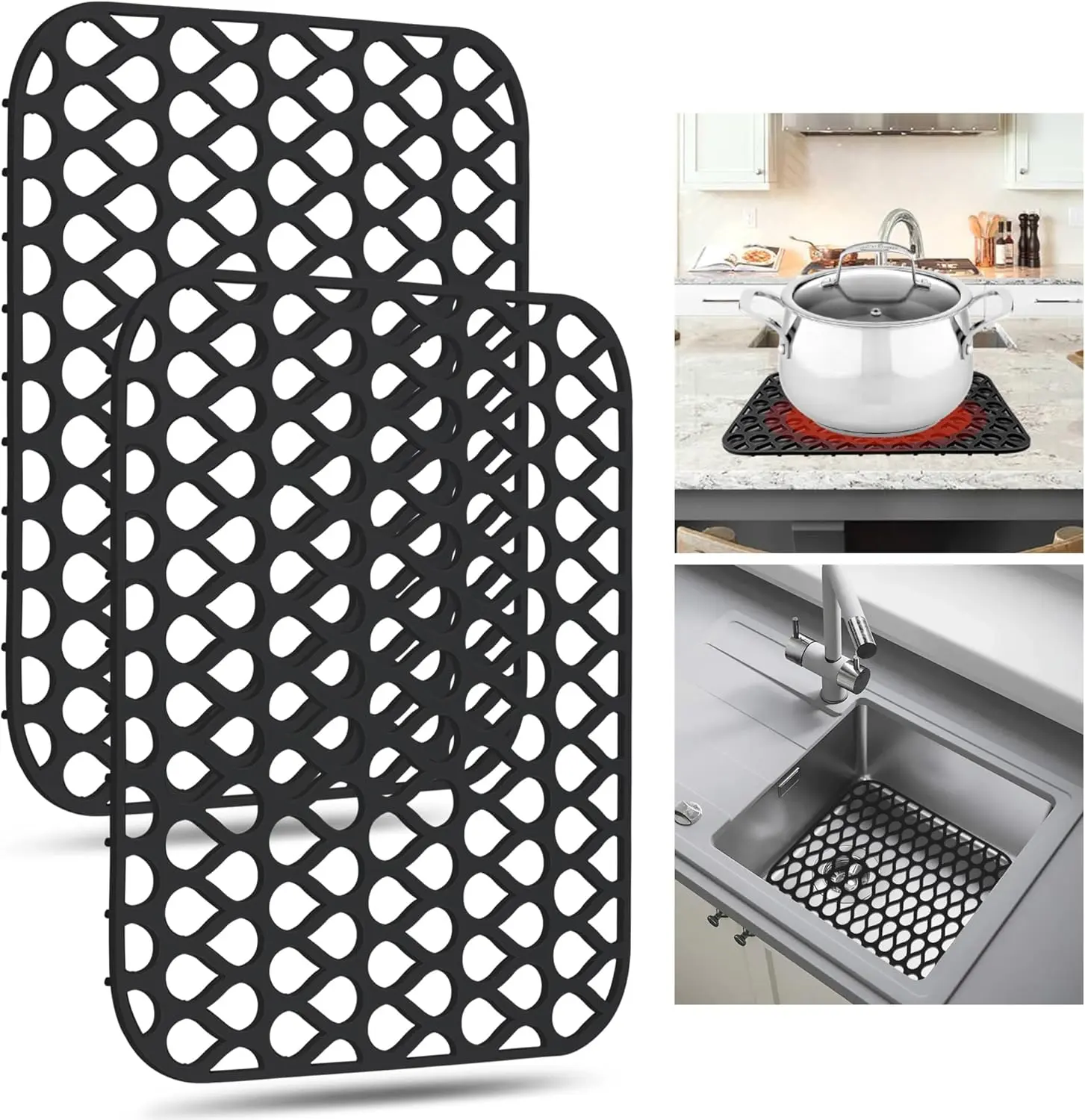 2 Synthetic Kitchen Sink Protectors - Flexible 13.58''x11.6'' Grid Mats, Heatproof Non-Slip Easy-to-Clean Guards for Stainless Steel/Porcelain Sinks, Ideal for Friends, Neighbors, Mothers (Black)