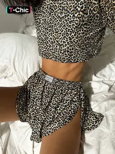 Women's Long Sleeve Top & Side Split Elastic Shorts Pajama Set Loungewear, Casual Loose Fit for Spring, Fashionable Young Women's Clothing