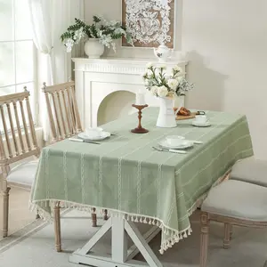 Bohemian Lace Cotton Linen Tablecloth, Colorblock Stripes, Fringe Design, Indoor Outdoor Kitchen Dining Wedding Party Decor