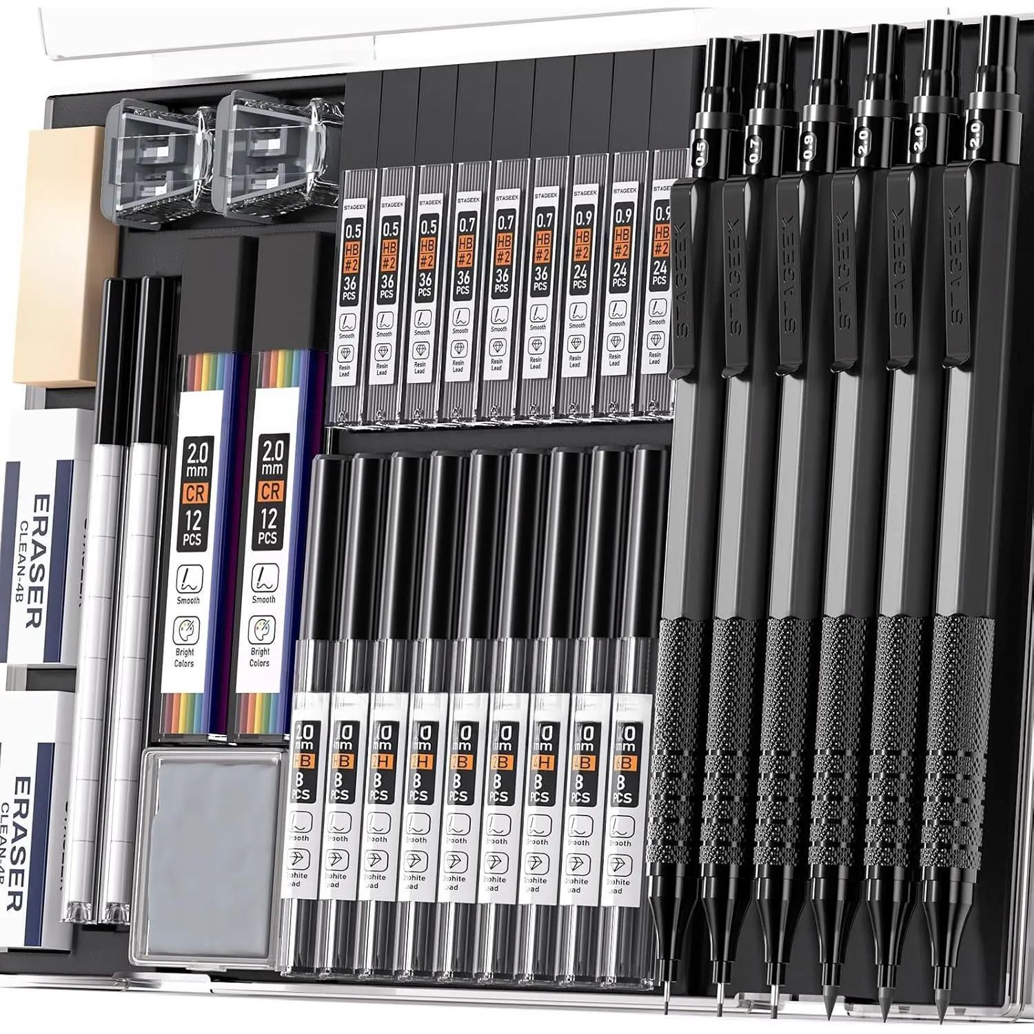 34 count Art Metal Mechanical Pencil Set, 3 count Art Drafting Pencils 0.5, 0.7, 0.9MM & 3 count 2MM Mechanical Drawing Pencils with 384 count Leads (6B 4B 2B HB 2H 4H Color) for Writing Sketching Drawing black