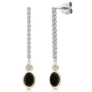 14K Two Tone Gold Black Onyx and Lab Grown Diamond Dangle Earrings for Women | 2.10 Cttw | Gemstone December Birthstone | Oval 7X5MM