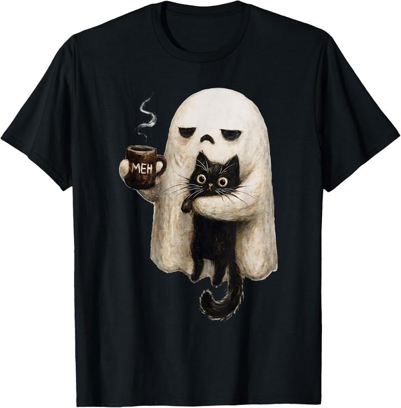 Men's Vintage Cotton Round Neck Short-Sleeve T-Shirt - Ghost Animal Spooky Cute Brushstrokes Halloween Themed, Anti-Fade Fluffy Textured Breathable All Seasons Aesthetic Casual Streetwear Top (Ghost Cat, Black Cat, Coffee Lover Focus)