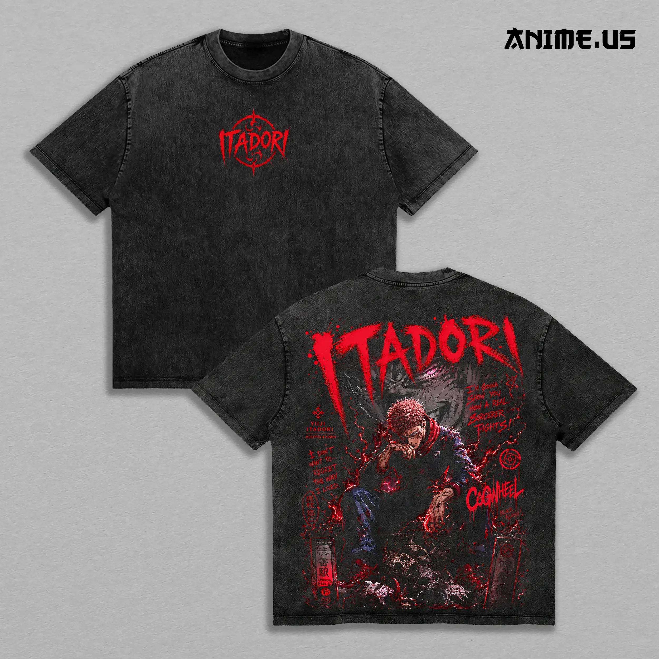 Men's Jujutsu Kaisen Yuji Itadori Sukuna Vessel Classic Short-Sleeve Cotton T-Shirt - Unisex Menswear, Heavyweight Vintage Washed Oversized, Anime Graphic Print Streetwear, Manga Fan Gift