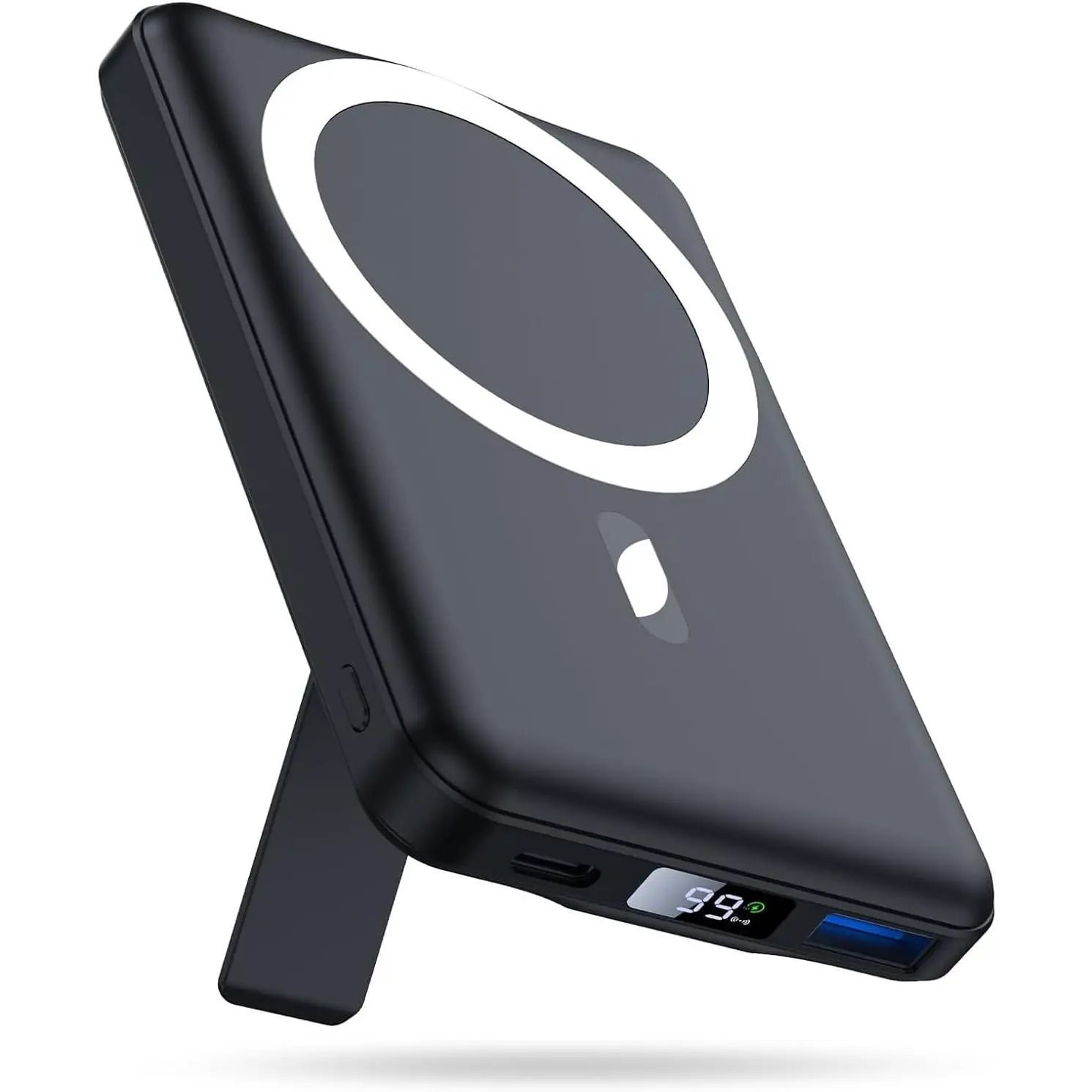 10000mAh Lithium Magnetic Portable Power Bank, 22.5W Fast Charging, LED Display, Foldable Stand, Cordless Charger for iPhone12-17, Obsidian Black Smartphone Charger Accessory