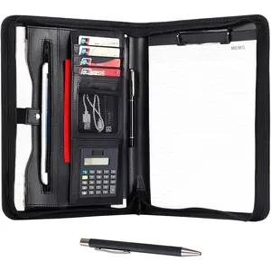 Leather Portfolio Professional Business Padfolio with Zipper - Interview Resume Notefolio  Legal Document Organizer with Card Holder, Writing Pad and File Folders for Men and Women