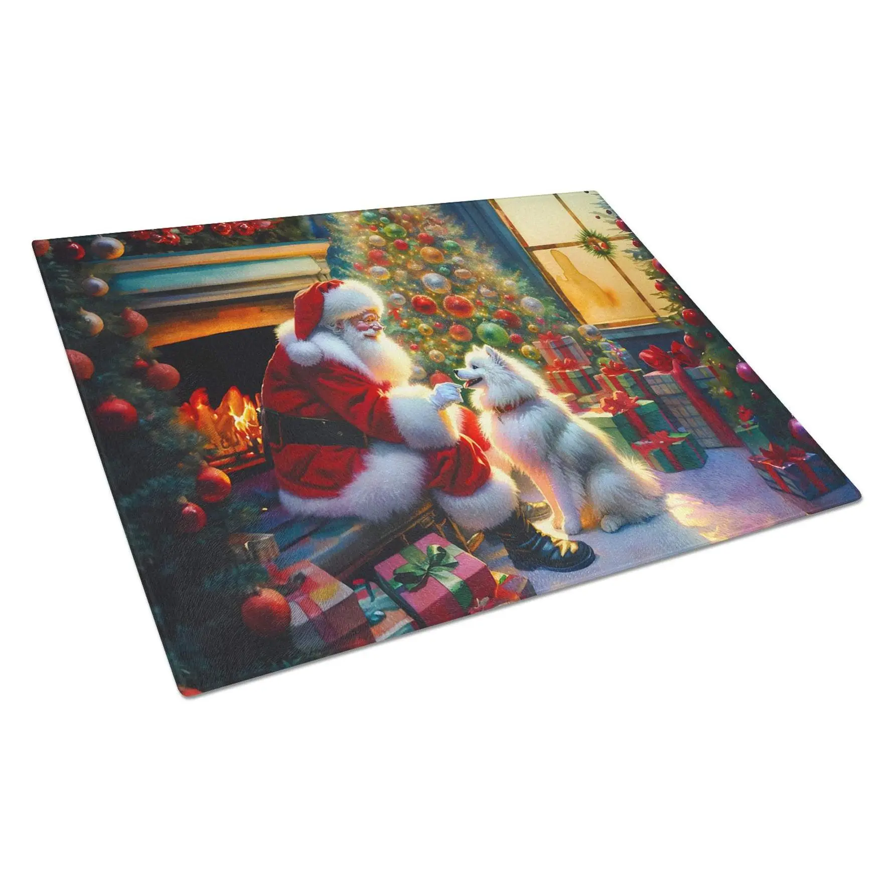 Tempered Glass Cutting Board - 15x12 in Rectangle, American Eskimo & Santa Claus Christmas Holiday Decor Artwork, Vibrant, Durable, Non-Slip Kitchen Chopping Board, Santa Scene, Decorative Artwork