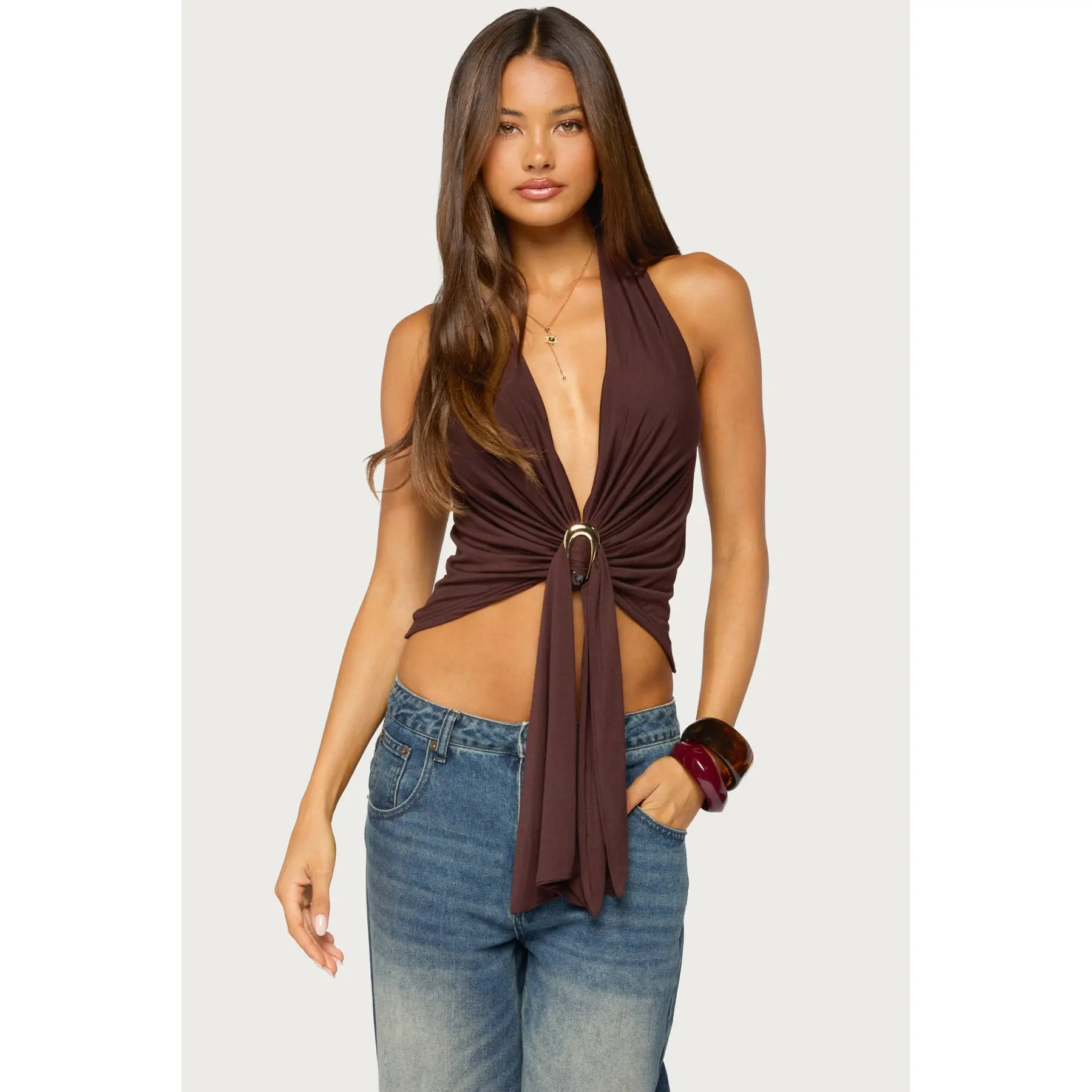 Dixi Buckle Draped Plunge Neck Top