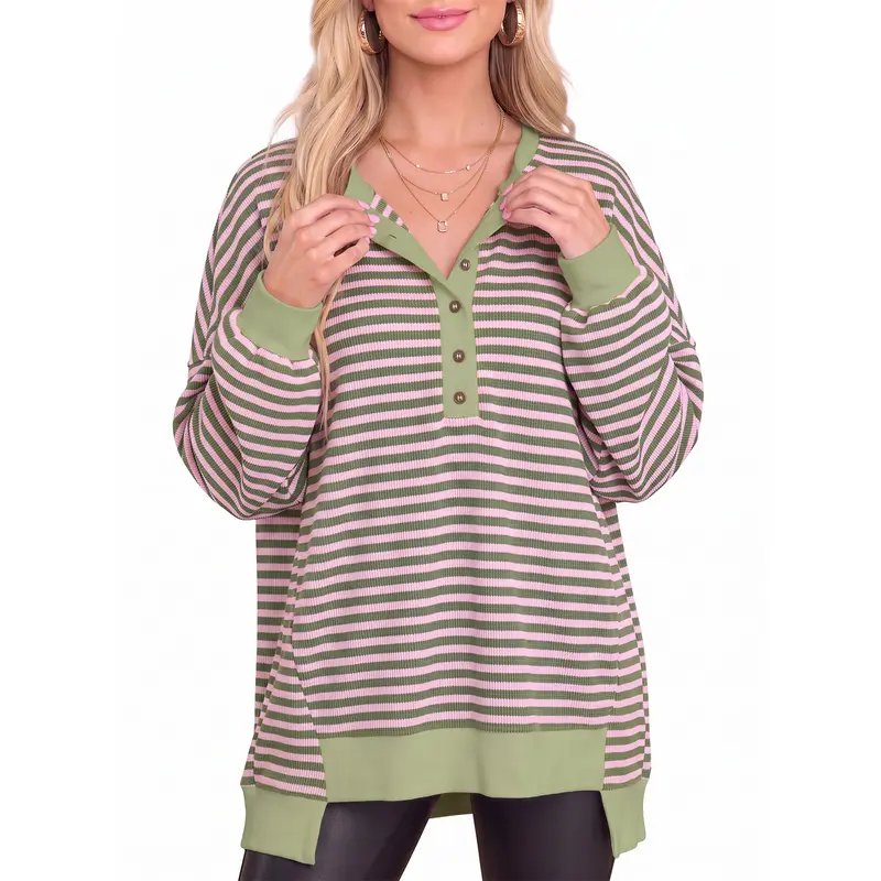 Dokotoo Women's Enviably Cozy Striped Oversized Waffle Knit Colorblock Long Sleeve Crewneck Top Pullover Sweatshirt