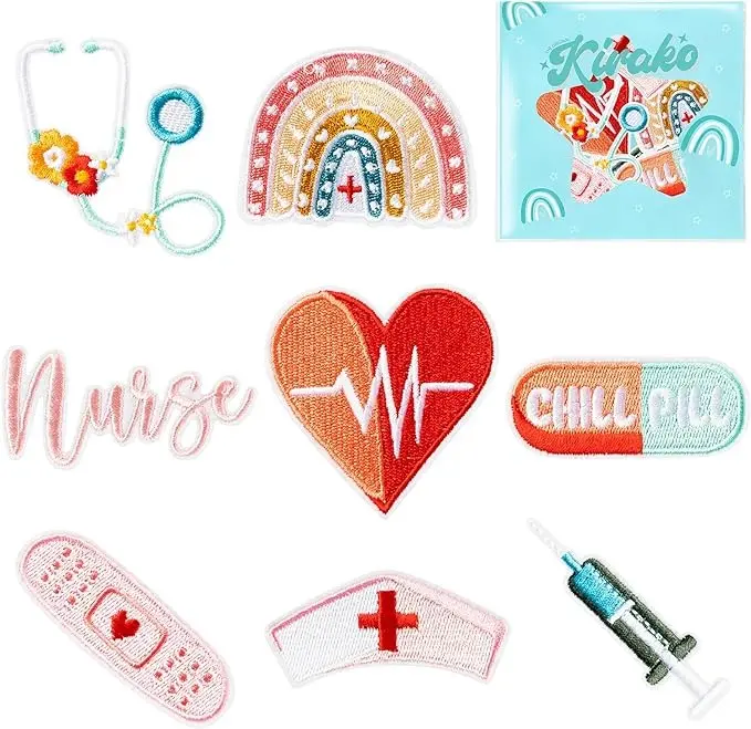 8 Pcs Nurse Embroidered Patches Cute Medical Nursing Sew Iron on Applique Decorative Repair Patch Emblem Nurse's Day Gifts DIY Crafts Accessories for Clothing Scrubs Jacket Jeans Backpack Hat