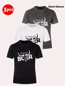 Men's Trendy Sportswear Letter Print Afrikaner Boer Bull Totem Short Sleeve Tee Set, Breathable Quick-Dry Loose Fit Casual Wear