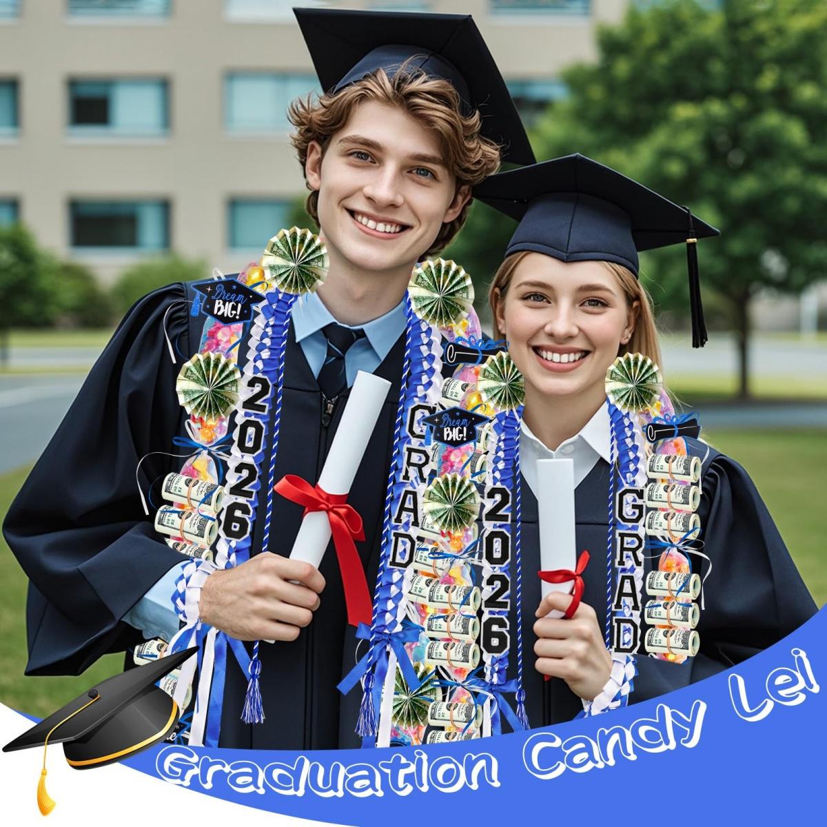 ONERIR 2026 Graduation Leis 18 Pcs - Vibrant Yellow Green Double Ribbon Youthful Class of 2026 Graduation Candy Lei Set Unisex Graduation Party Decorations Gift