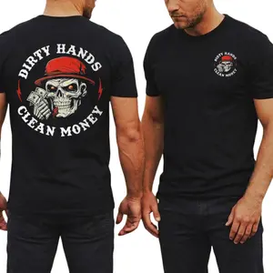 Dirty Hands Clean Money Skull Graphic T Shirt 2 Sides, Red Hat Skull Cash Illustration Tee, Soft Cotton Blend Shirt, Blue Collar Workwear Streetwear Lifestyle Apparel for Men Women, Gift for Workers
