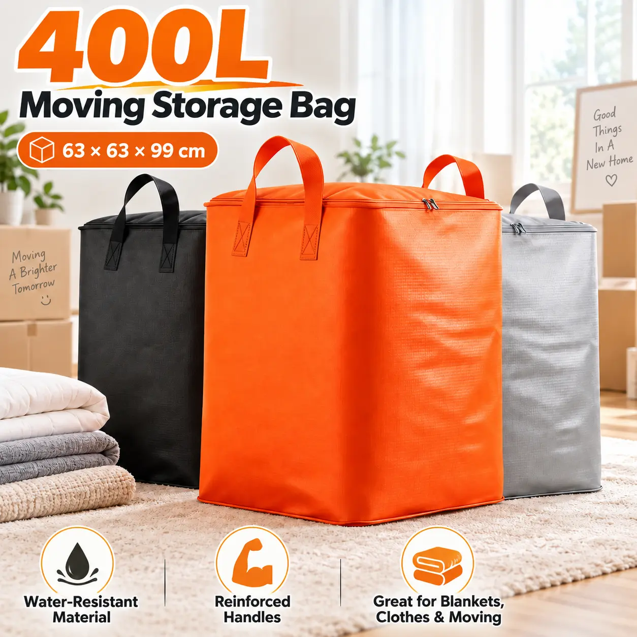 High Capacity 400L Moving & Storage Bag with Thick Fabric, Dustproof Organizer for Clothes/Bedding, Ideal for House Moves & Home Storage, Grey