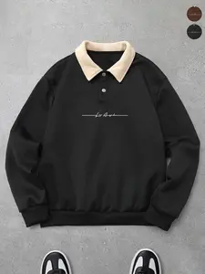 Varsity Style Oversized Loose Color Block Polo Collar Sweatshirt, Casual Wear, Autumn/Winter Fleece-Lined Pullover Unisex Couple Style American Retro Mocha Brown Cursive Letter Dropped Shoulder Design