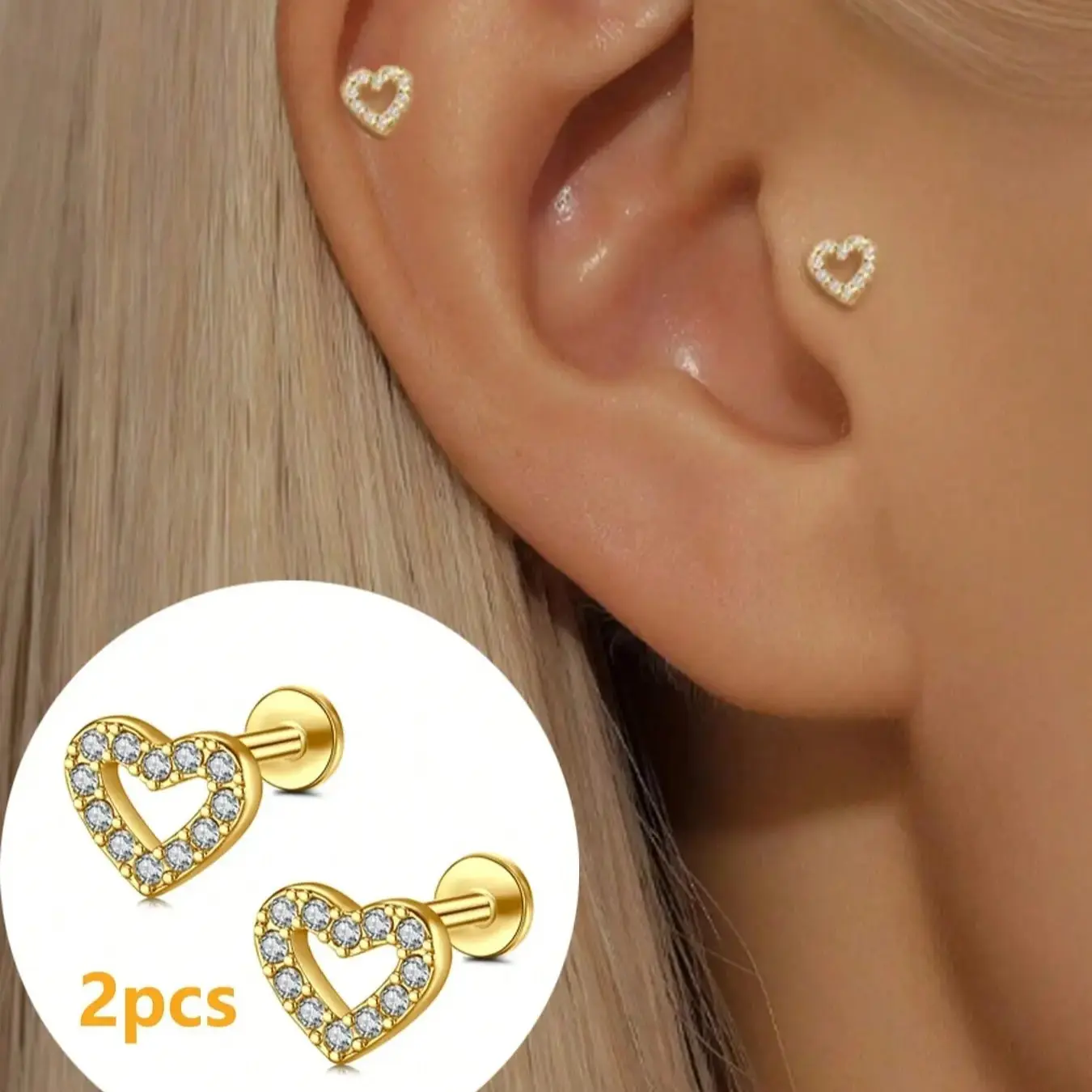 1 Pair Heart Stud Earrings Flat Back Stainless Steels Internal Thread Cartilage Earrings for Women  Hypoallergenic CZ Stud Piercing Jewelry Heart Shaped Earrings