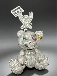M2-2020  Spiked Bad Teddy Bear Pendant | Fully Flooded Sparkling Angry Bear Statement Necklace for Rappers & Trendsetters