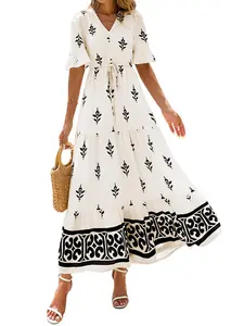 BTFBM Boho Dresses for Women 2026 Summer Spring Casual Floral Short Sleeve V Neck Flowy A-Line Maxi Party Dress Pockets