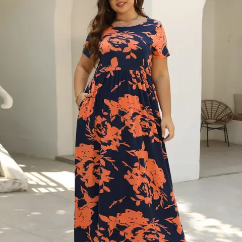 Plus Size Boho Style Floral Print Short Sleeve Fitted A-Line Dress, Boho Round Neck Long Dresses for Beach Holiday Vacation, Women's Plus Clothes, Womenswear, casual wear, Casual Boho Sundress, Casual Boho Chic, Summer Outfits 2024