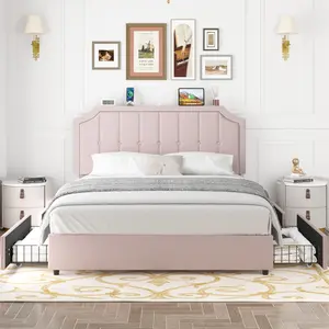 VECELO Bed Frame With 4 Storage Drawer Platform Bed Queen Full Size Tufted Upholstered Headboard Wood Slat Support Storage Bed ,No Box Spring Needed,Easy Assembly