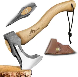 DESHIL Camping Hatchet 14.7 Inch Hand Forged Splitting Axe - Outdoor Wood Splitting Chopping & Carving Tool with Leather Sheath Bushcraft Survival Wooden for Men and Women