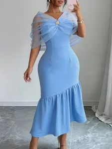 Elegant Evening Formal Wear Mermaid Long Dresses Women Cold Shoulder Organza Patchwork High Waist Package Hip Ruffles Cocktail Outfits