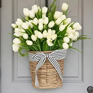 Cottage ivory tulip hanging basket-country style with black striped bow, used for artificial flower arrangement in front door, wedding decoration and outdoor window sill.