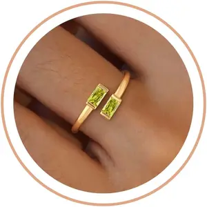 Gold Birthstone Rings for Women Non Tarnish 14K Gold Plated Adjustable Emerald Ring Cubic Zirconia Gemstone Promise Ring for Her Engagement Personalized Waterproof Jewelry Gifts for Birthday